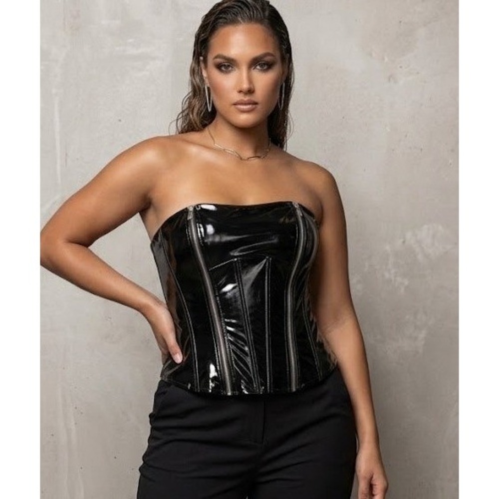 Vinyl Zipper Corset Black Faux Leather Edgy 1XL Whimsigoth Renaissance Costume